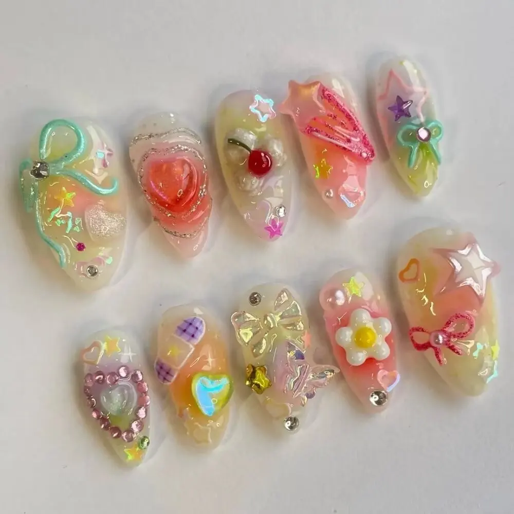 10Pcs Handmade Manicure Medium Almond Fake Nails Cute Ballet Limited Nails Press On Nails Design with Adhesive Nail File Set