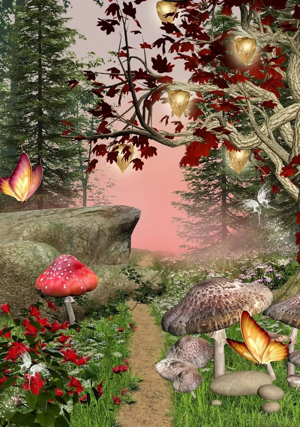 Fantasy Scenery with a Fairy Tree Lamps Flowers Mushrooms and Butterflies Garden Flag 12 x 18 Inch Double Sided Yard House Outdo