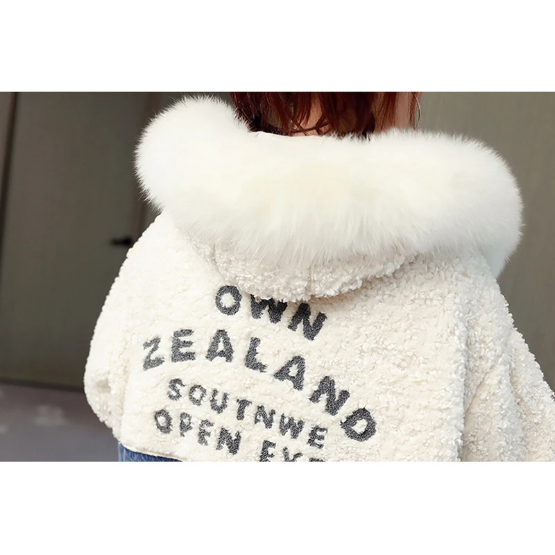 New Winter Parka Female Korean Loose Lamb Wool Plus Velvet Thicke Short Denim Jacket Outerwear Women lLetters Hooded Streetwear