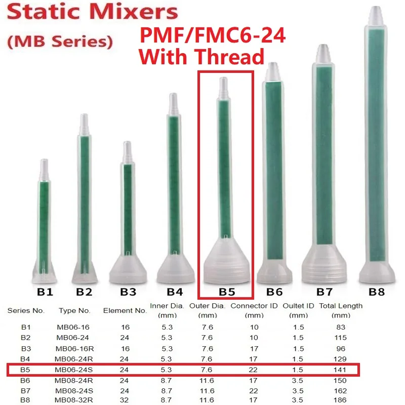 

PMF/FMC6-24 Plastic Resin Static Mixer Bell Mouth With Thread 24 Element Mixing Tube Nozzles For Duo Pack Epoxies Square Shape