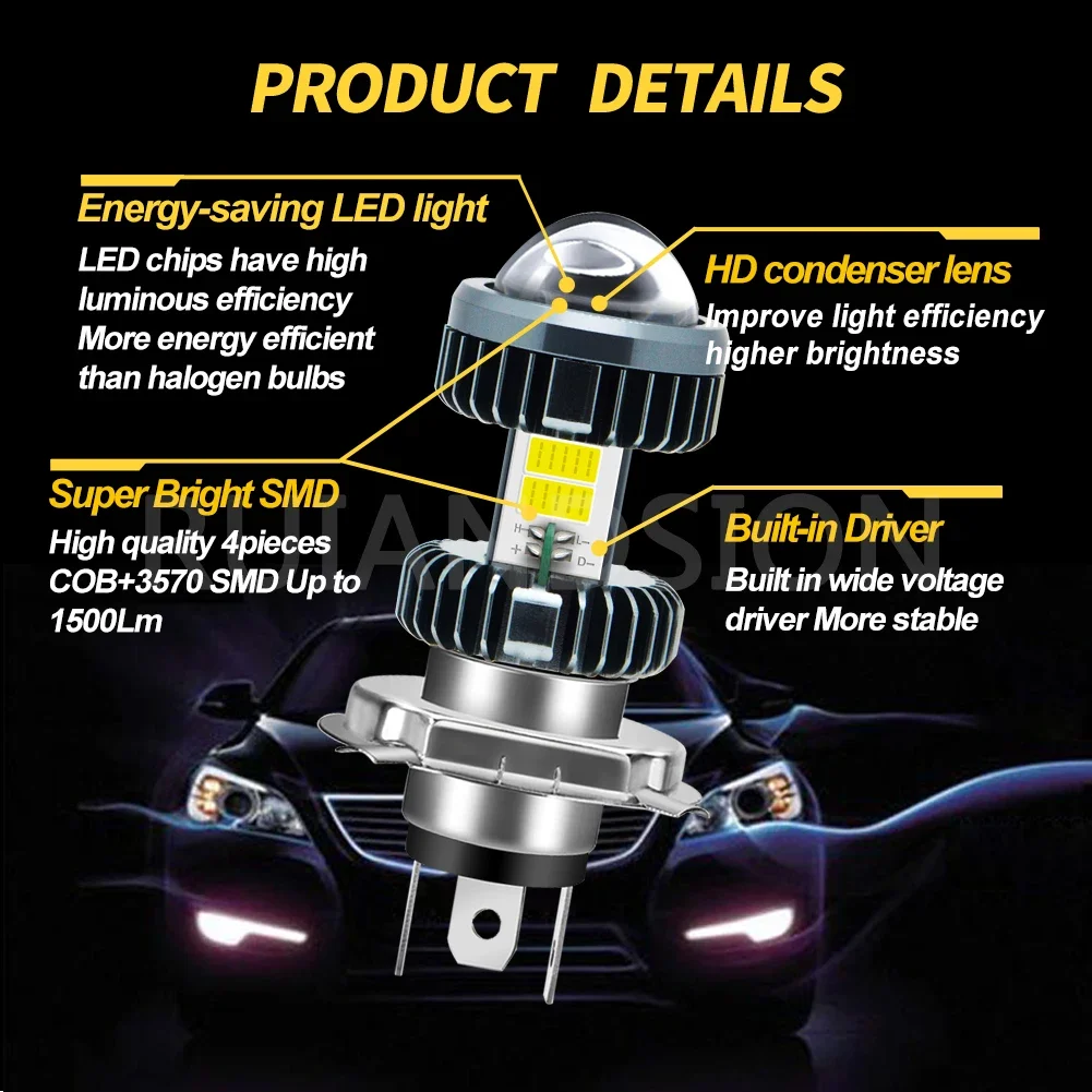 1/2pcs RUIANDSION Motorcycle Led Headlight BA20D H4 3570 4COB High Bright Led Lights Moto Spotlights Fog Lights Car Headlights