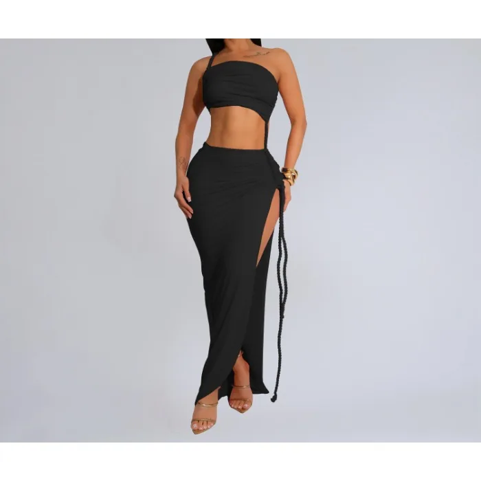 

Women 2 Pieces Set Outfits Summer 2025 New Solid Color Crew Neck Sleeveless Tank Tops Wrapped Hip High Slit Long Skirts Suit