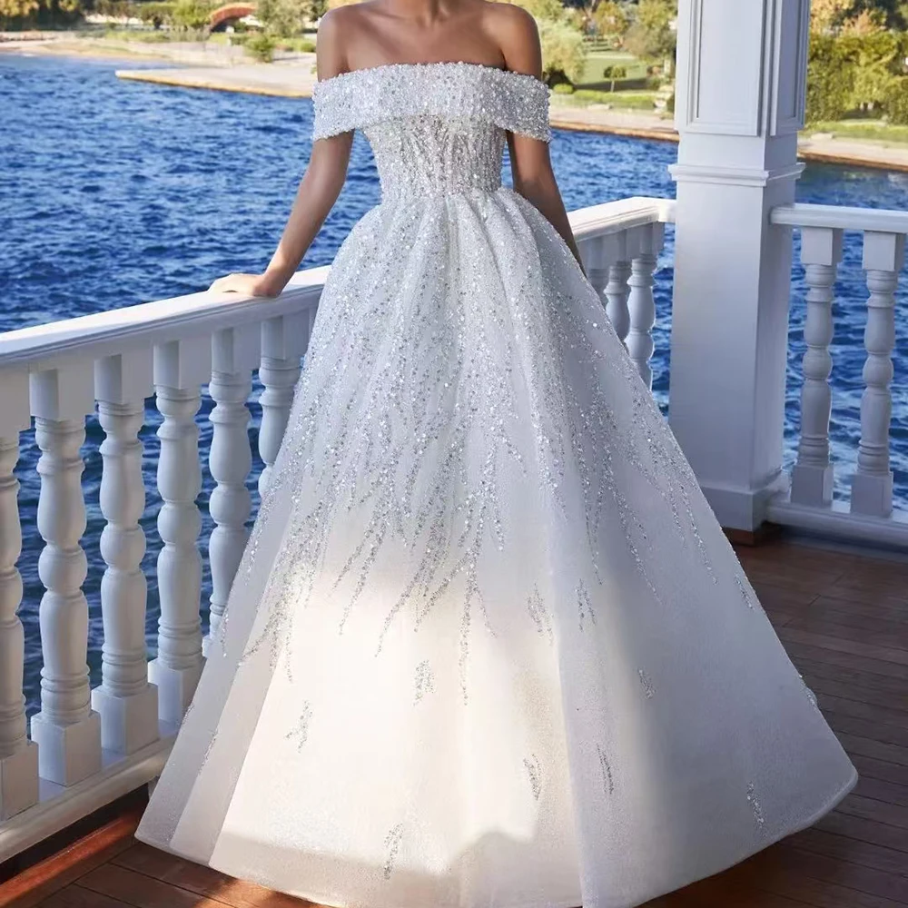 Graceful White Wedding Dresses Exquisite Sequined Off the Shoulder Chapel Train Princess Women Gowns Bridal Dress Vestidos 2024