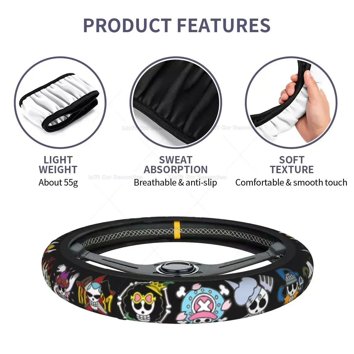 Anime Cartoon Universal Steering Wheel Cover Non-Slip Auto Car Steering Wheel Protector for SUV Vans Sedans Truck