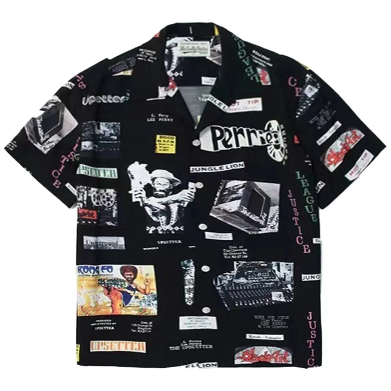 Trend Black White WACKO MARIA Full Print Poster Tenkoku Tokyo Hawaii Short Sleeve Shirt WACKO MARIA Shirt