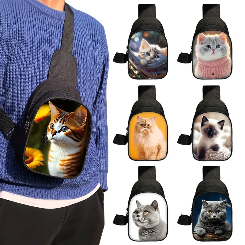 Cute Cat Print Chest Bags Persian/Siamese Cat Crossbody Bag Scottish British Cat Women Shoulder Bags Kitten Phone Key Holder