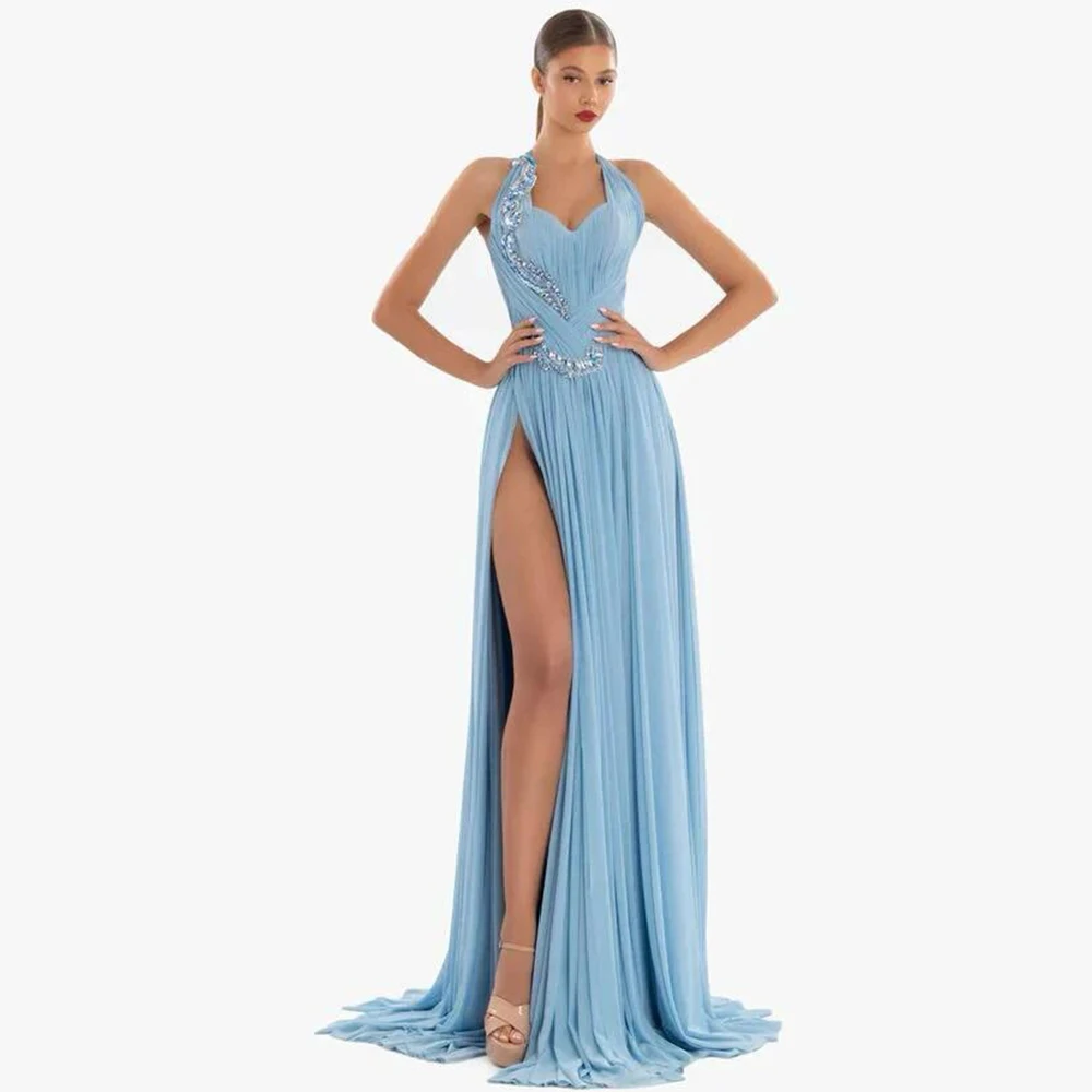 

Sexy Sorority Formal Dresses Chiffon A-line Clubbing Dress Azure Halter Rhinestone/Crystals Ruched Valentine's Day Gown Long