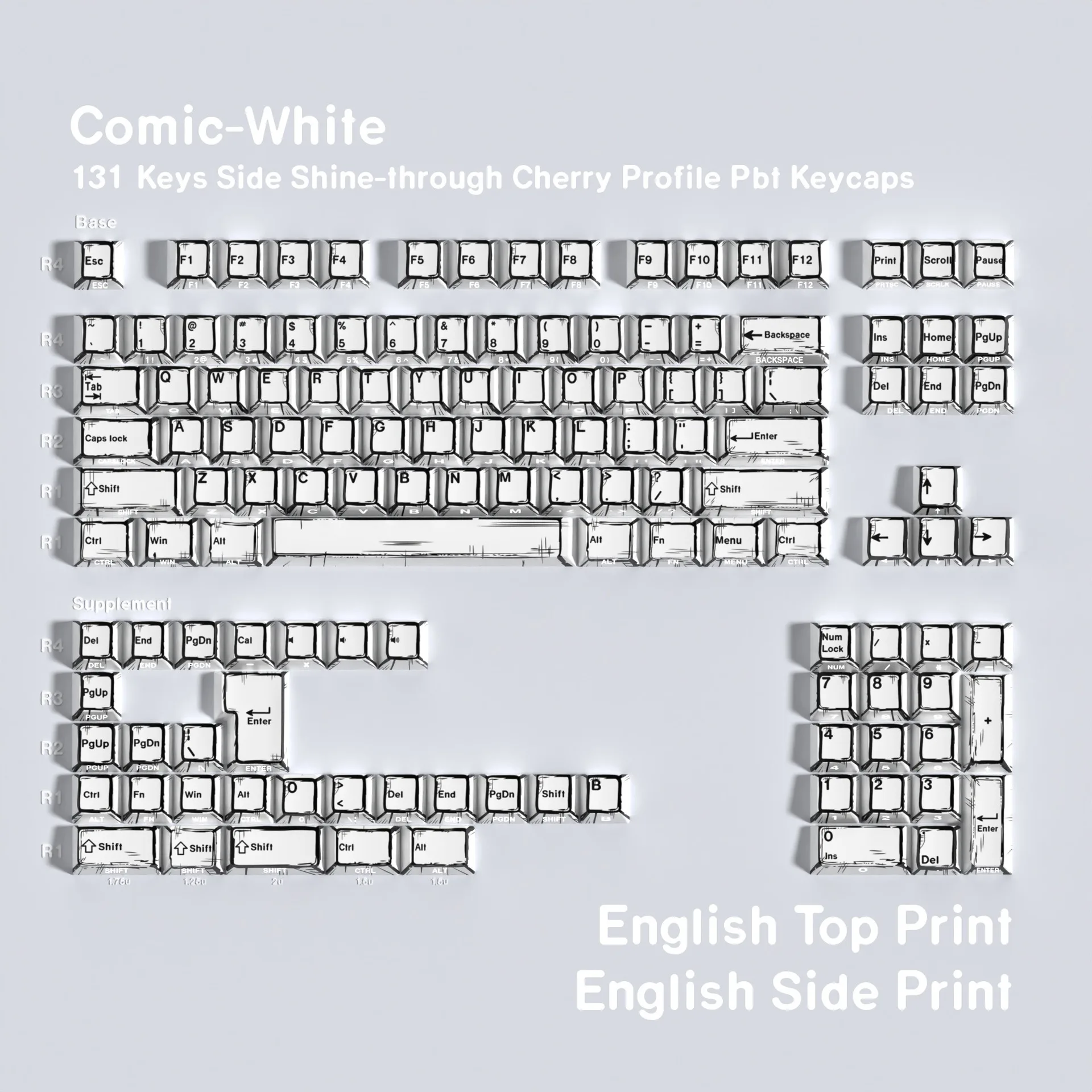 Comic White Mechanical Keyboard Keycaps Hebrew Spanish French German Russian Arabic Japanese Korean Cherry Profile PBT Keycap