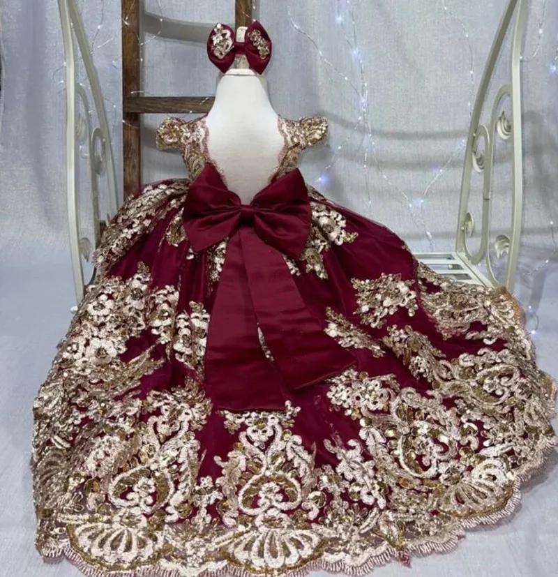 

Burgundy Satin Gold Lace Princess Birthday Party Dress Open Back Applique Lace Flower Girl Dress Christmas Prom Gown