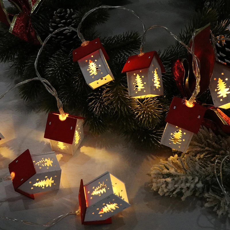 Christmas Wooden House LED String Light Xmas Tree Hanging Ornament Decoration New Year Gift