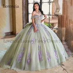 2024 Quinceanera Dress Green 3D Floral Princess Bow Off Shoulder Applique Beading Sweet 15 16 Formal Vestidos De 15 Años