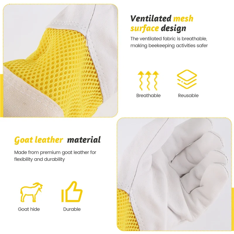 

F-T Beekeeping Gloves Beekeeping Tools White Leather Golden Yellow Mesh Short Mesh Breathable Gloves Bee Protection Tools