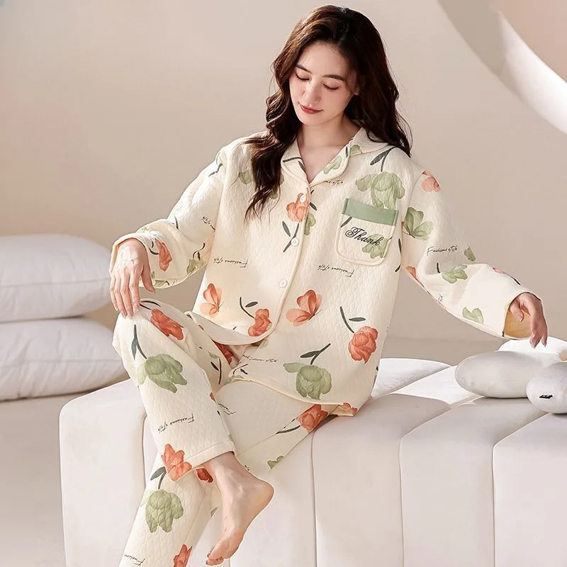 2024 New Women Sandwich Cotton Pajamas Autumn Winter Female Pure Cotton Long-Sleeved Homewear Thicken Thermal Nightclothes Suit