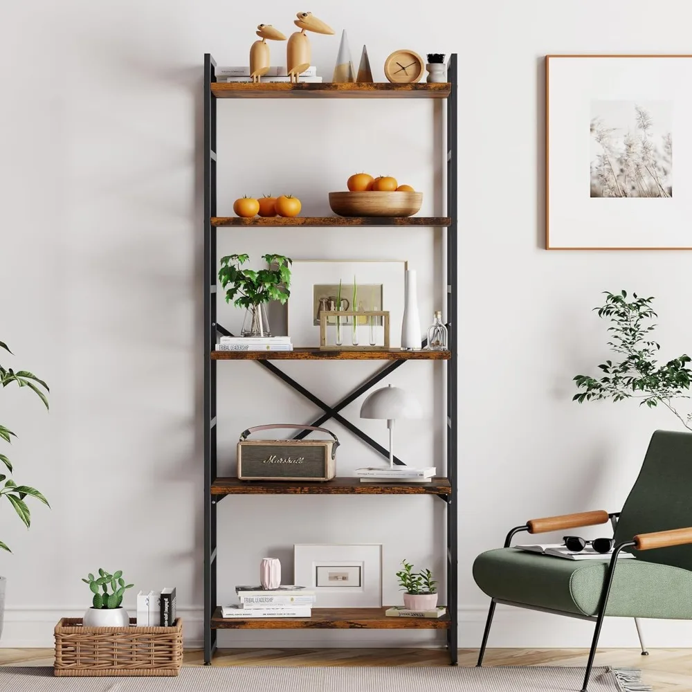 

5 Tier Bookshelf, Modern Tall Bookcase, Industrial Book Shelves Display Standing Shelf, Free Standing Storage Organize