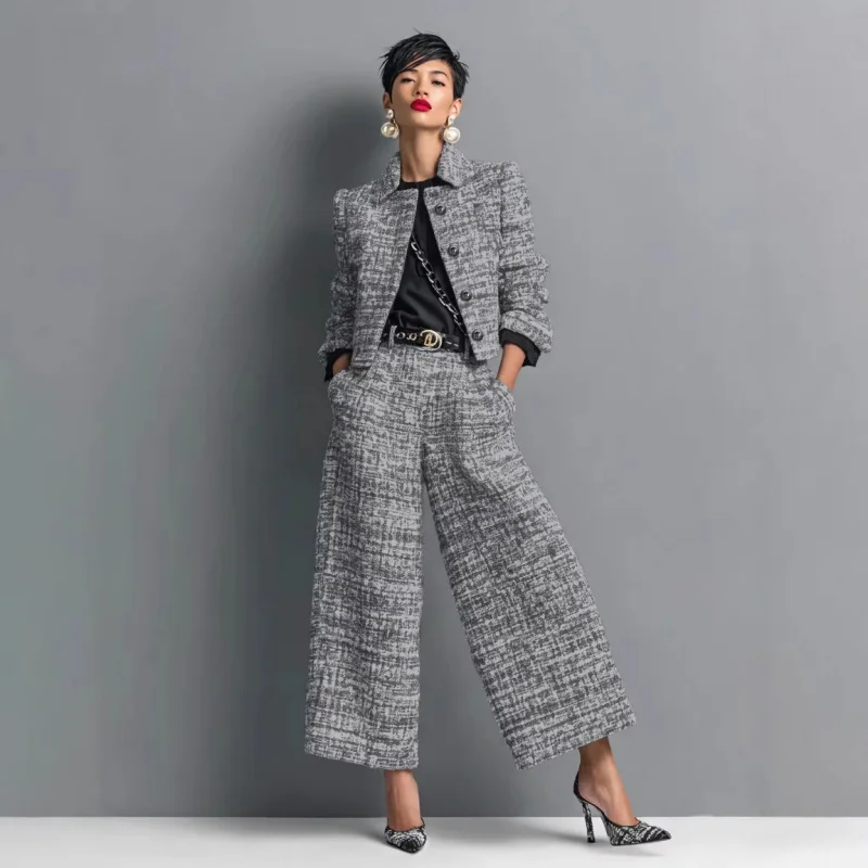 QICHE New 2026 Women European Matching Set Lapel Long‑Sleeve Cropped Jacket Slim‑Fit Wide‑Leg Pants Outfit view 5