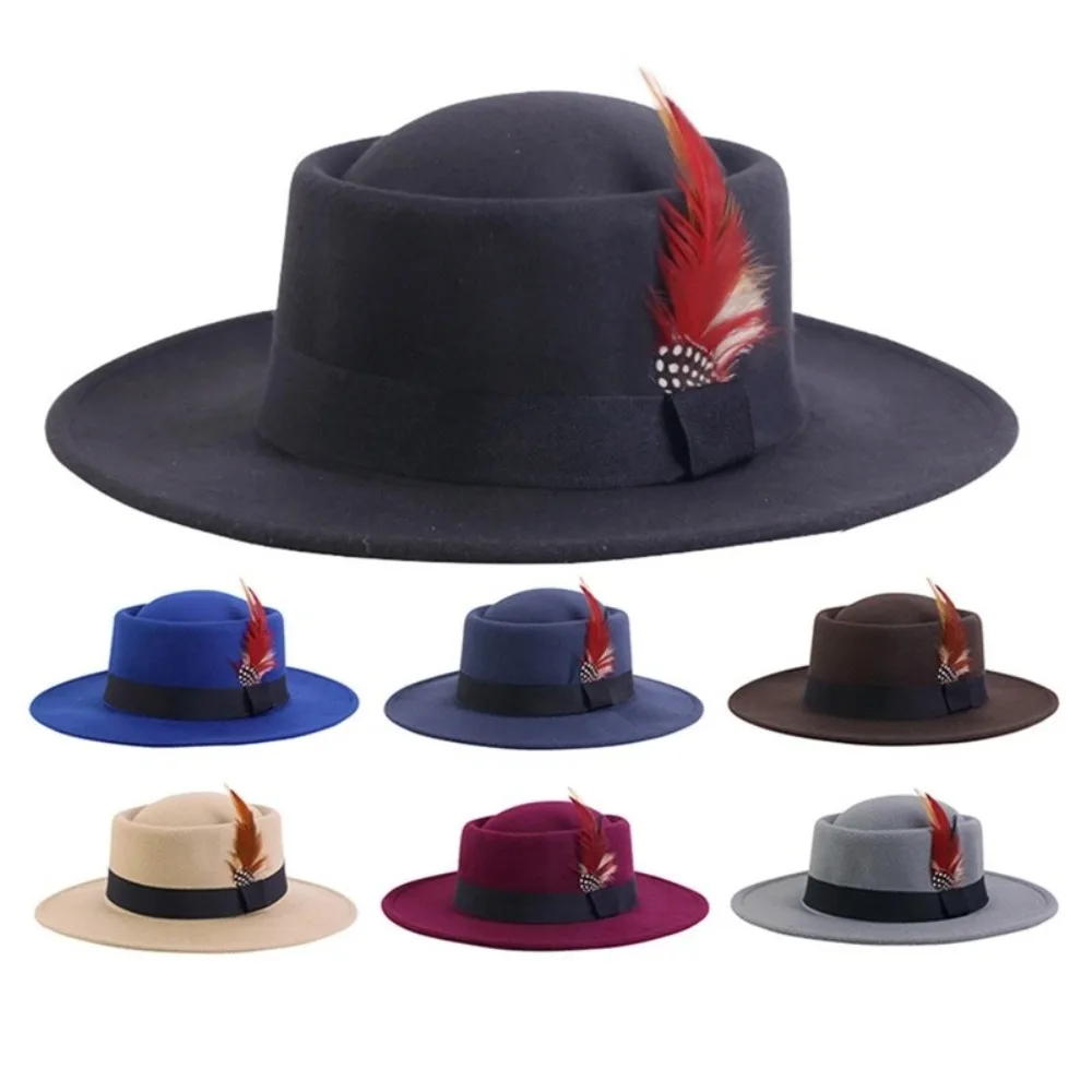 Retro Feather Felt Hat Classic Convex Top Polk Pie Coffee Top Hat Small Flat Top Party Decorate Costume Cosplay Cap