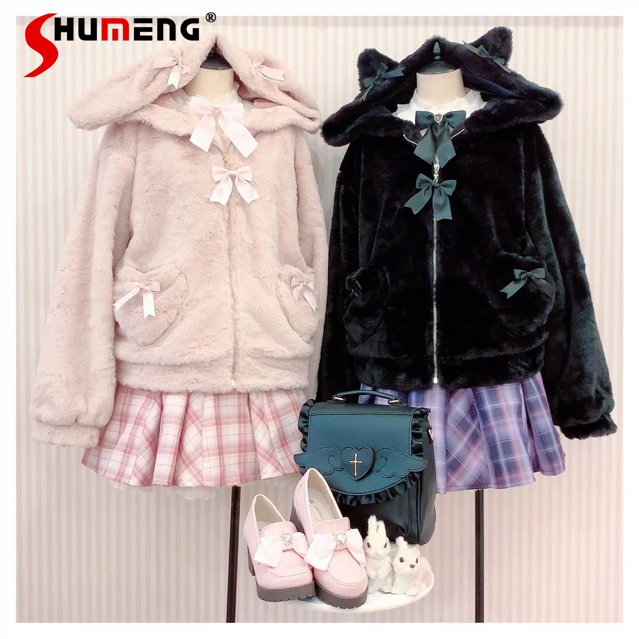 

Japanese Style Girl Sweet Bow Zipper Hooded Pink Plush Jacket Women's Autumn and Winter Warm Thickened Faux Fur Coats Mujer