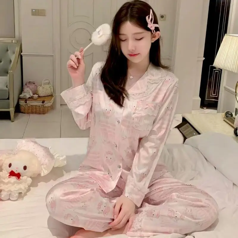 

Kawaii Hello Kitty пижамные штаны Sanrio мультфильм аниме стиль ледяной шелк женские пижамы студенческая одежда для сна милая девушка пижамные комплекты