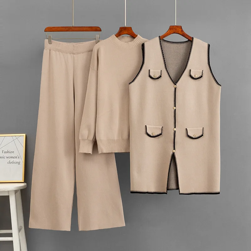 

Повседневный свободный однотонный вязаный пуловер + жилет без рукавов с v-образным вырезом + брюки с эластичной резинкой на талии, комплект из 3 предметов, осенне-зимний женский костюм