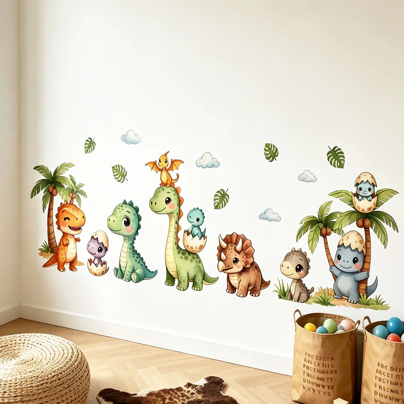 Watercolor Cute Dinosaur Parade Wall Stickers Baby Dino Hatching Egg Palm Tree Cloud Leaves Wall Decals Removable Kids Nursery D