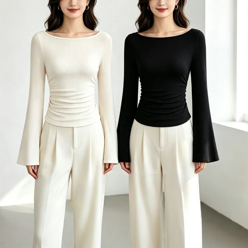 B 2026 Women's New Fashion Trend Elegant and Comfortable Commuting Hot Girl Solid Color Bell Sleeve Slim Pleated Women's Top