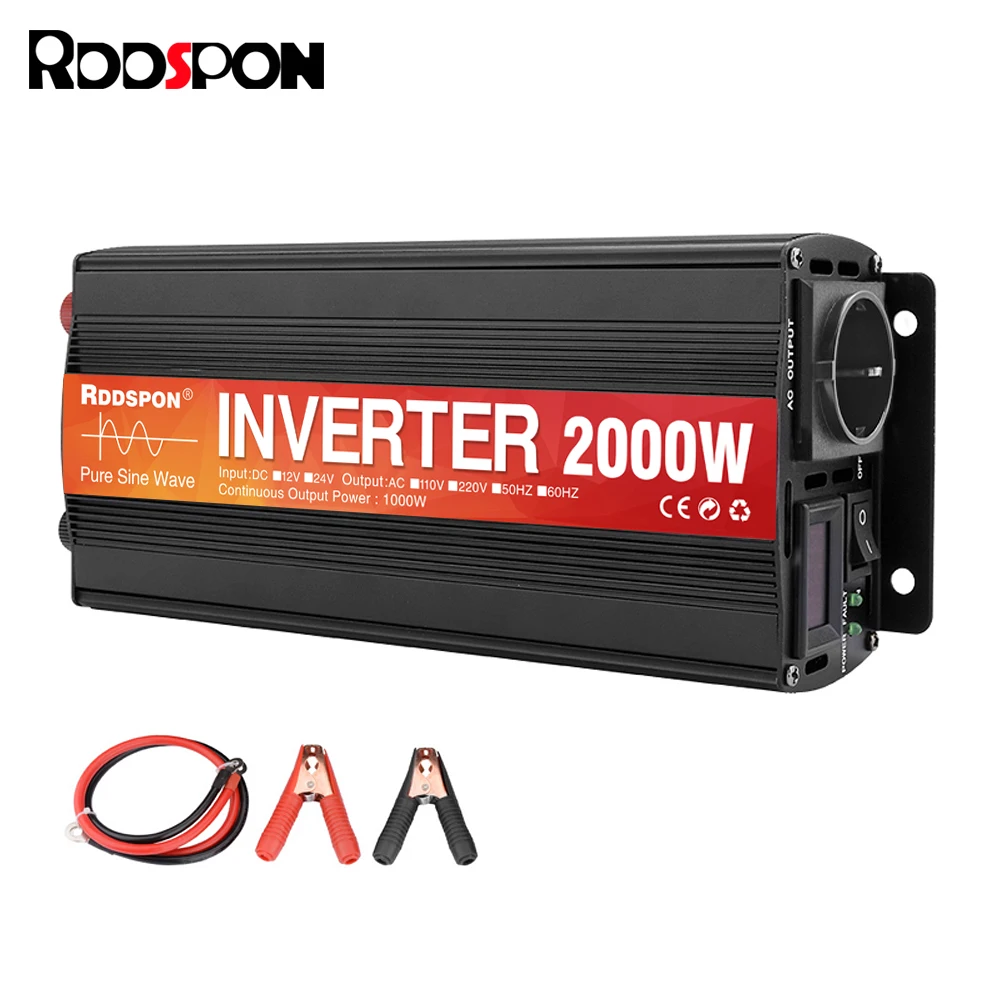 RDDSPON Pure Sine Wave Car Inverter 1600W 2000W Power Solar Off Grid Inverter DC 12V 24V To AC 220V 50Hz 60Hz Voltage Converters