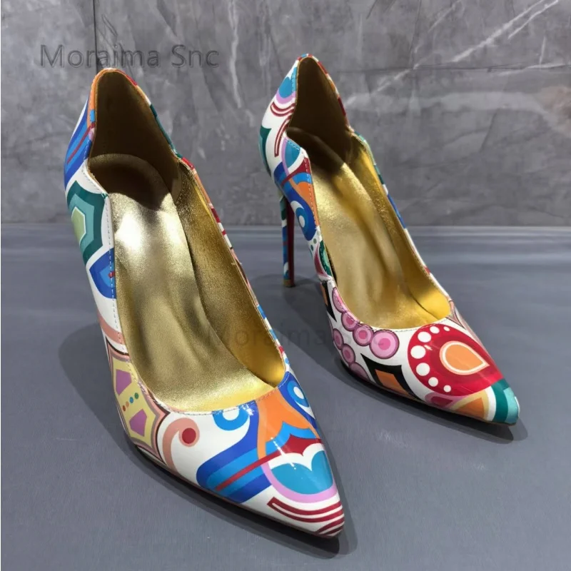 

Women's Graffiti Patent Leather High Heels Pointed Toe Shallow Stiletto Shoes Fashionable Casual Slip On Banquet Show Pumps