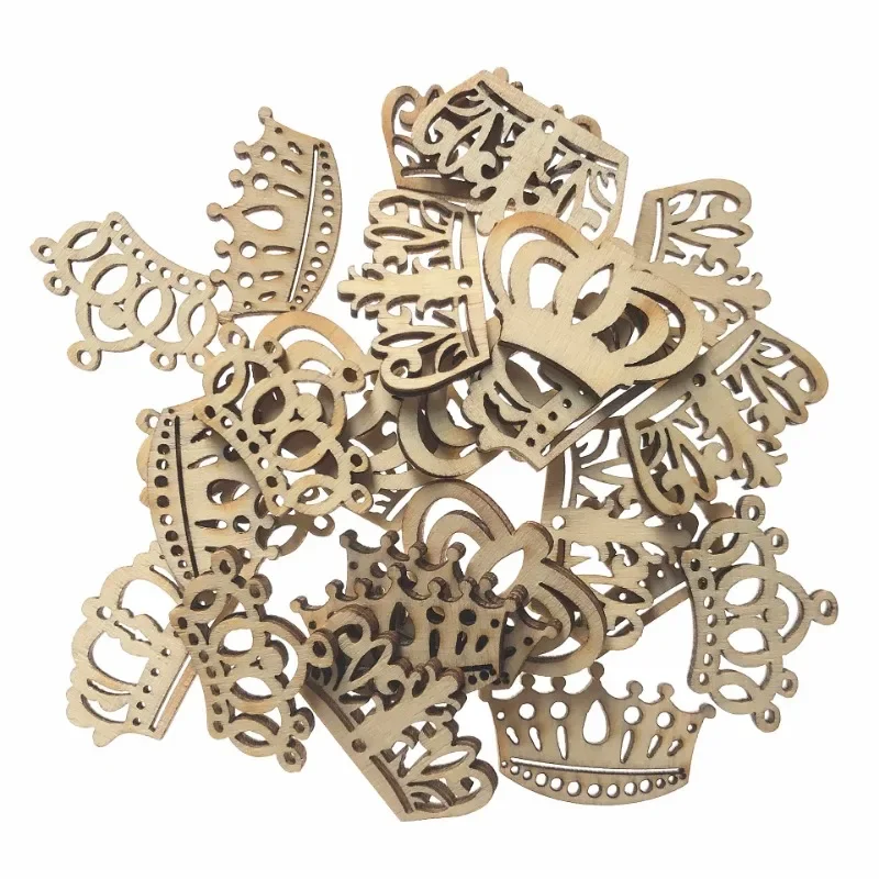 

50pcs Cartoon Hollow Out Crown Shape Wooden Pieces Cutouts Craft Embellishments Wood Ornament Manual Accessories for DIY Art