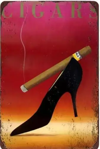 CIGAR  METAL TIN SIGN SEXY WOMAN BLACK HEEL WITH CIGAR ON TOP CIGAR BAR WALL ART