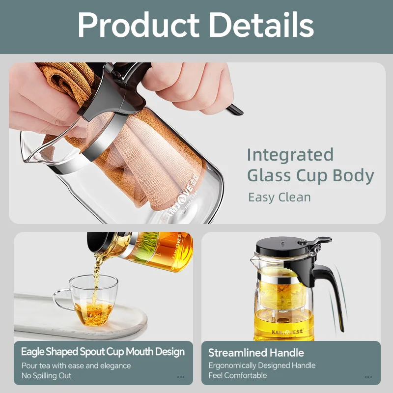 KAMJOVE Heated Resistant Glass Tea Pot One-button Filtering Tea Separation Kettle Teapot With Infuser 400-900ml Coffee Tea Cup