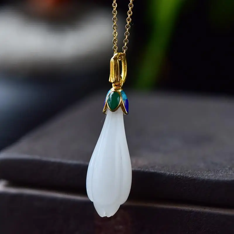 

s925Pure Silver Hetian Jade White Jade Stone Magnolia Silver Necklace Pendant Simple Retro Cloisonné Women's Clavicle Chain