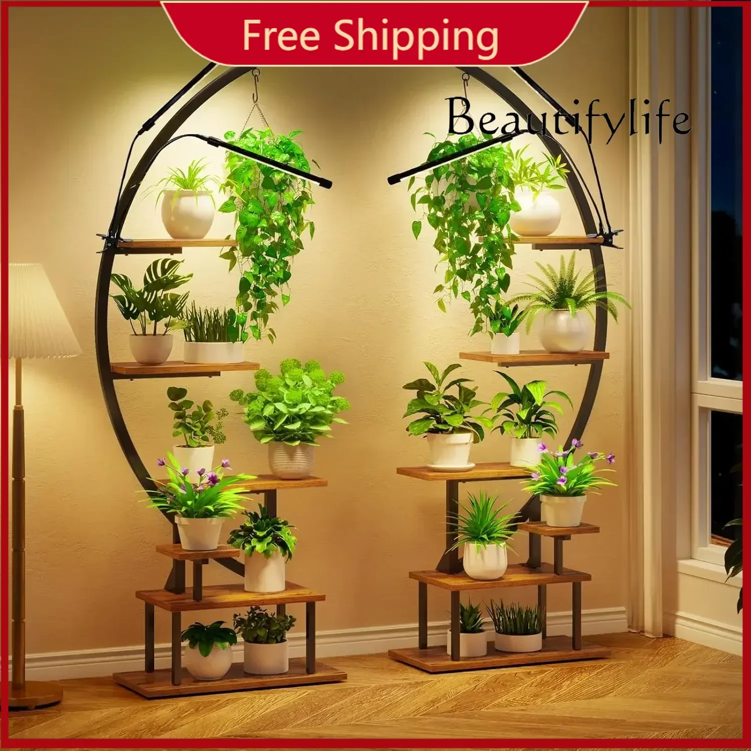 

c Plant Stand with Grow Lights, Half Moon 7 Tiered Metal Plant Shelf, Curved Ladder Flower Pot Stand Display Rackmulti