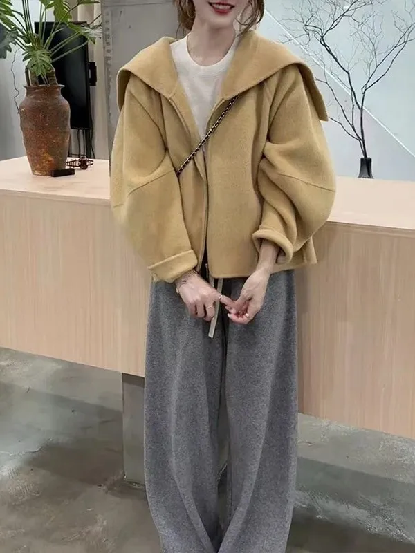 

Winter Casual Loose Commute Women's Suit Navy Collar Zipper Coat High Waist Wide Leg Pants Two-Piece Set Fashionable Versatile