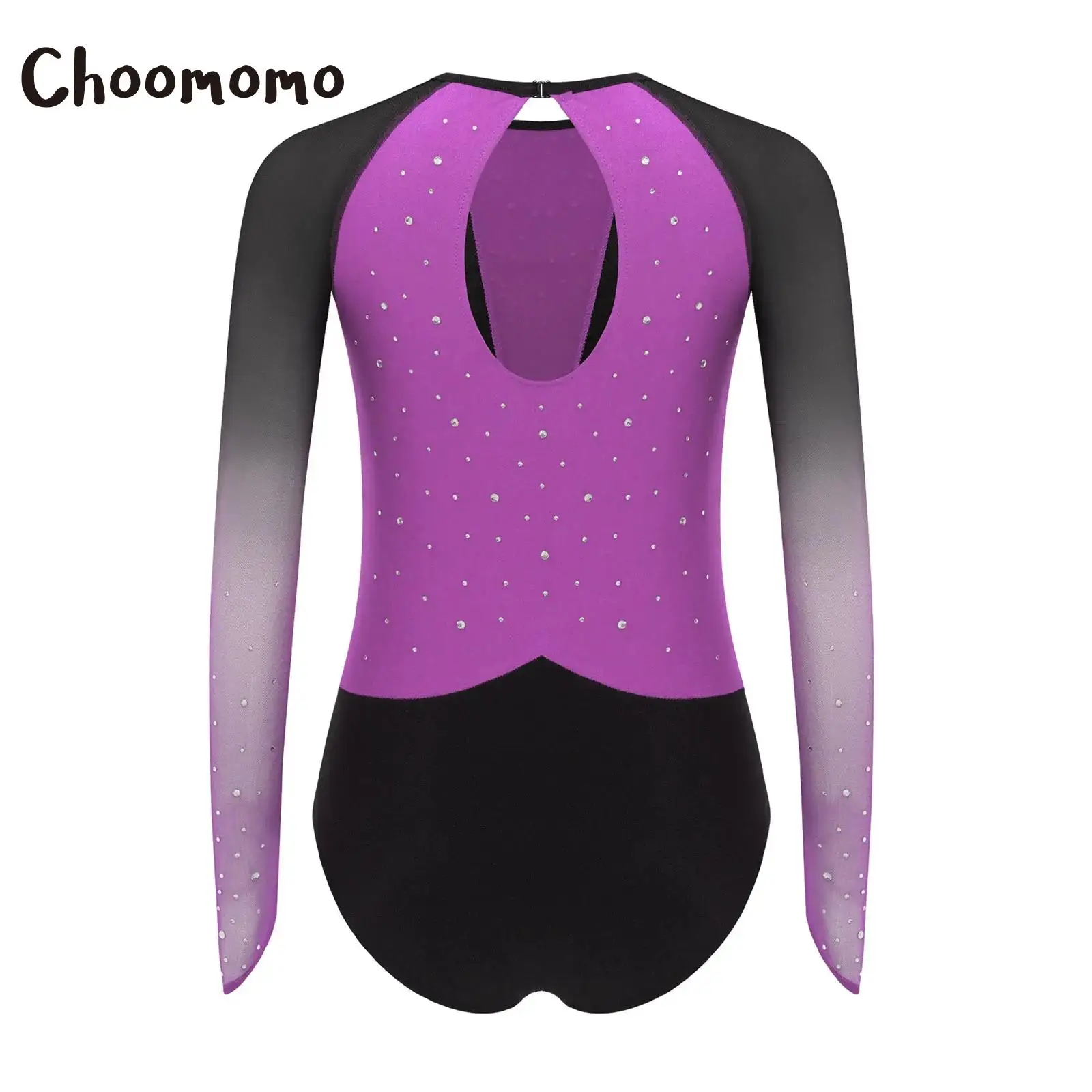

Teen Girls Skating Jumpsuit Long Sleeves Gymnastics Ballet Dance Leotard Sheer Mesh Rhinestones Ballet Jersey Unitards Bodysuit