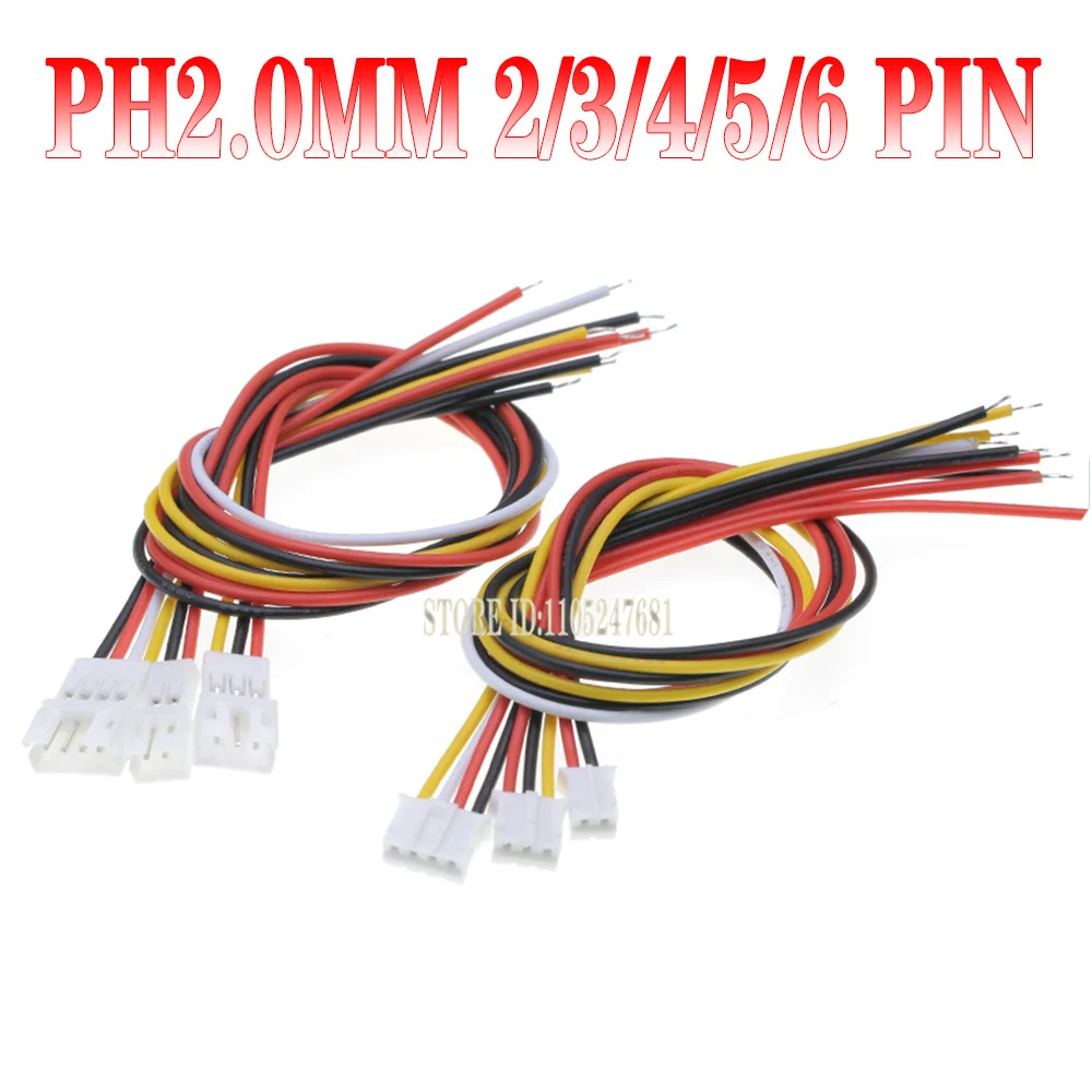10pcs Micro JST PH2.0 2P/3P/4P/5P/6P Male Female Plug with 100mm Cable Wire 2.0mm Pitch Connector