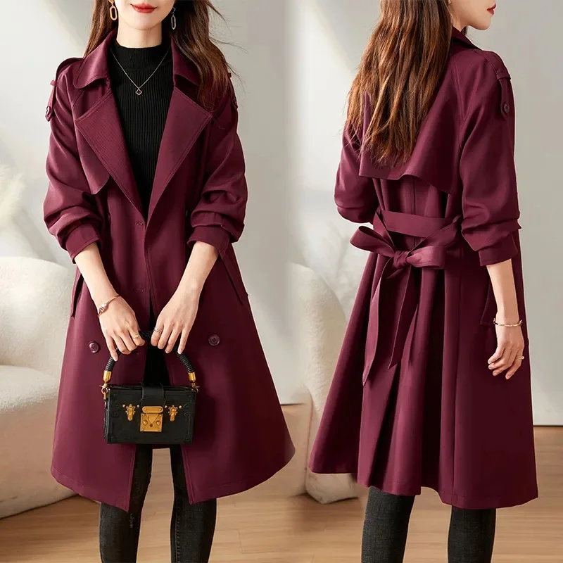 Femme Medium Long Styles Trench Jacket Spring Autumn Women High-grade Lined Outwear Korean Ladies Long Sleeves Windbreaker Coat