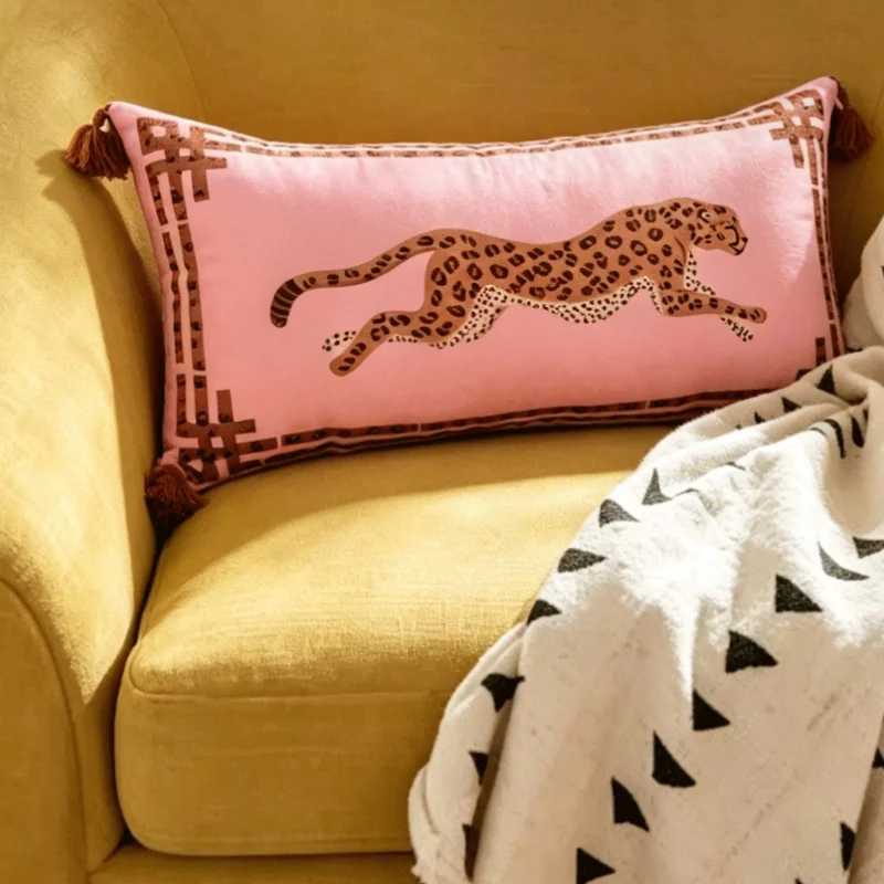 Brown Leopard Pillows Pink Tassel Cushion Case Retro American Style Decorative Pillow Cover For Sofa Chair Home Decorations