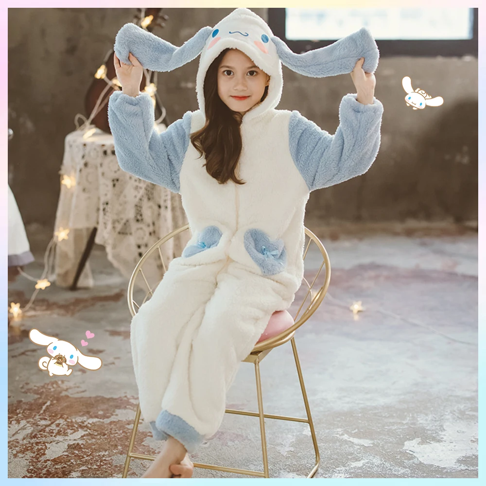 Sanrio Anime Cinnamoroll Girls Jumpsuit Pajamas Kawaii Kids Rompers Warm Jumpsuit Clothes Thickened Plush Hooded Winter Homewear