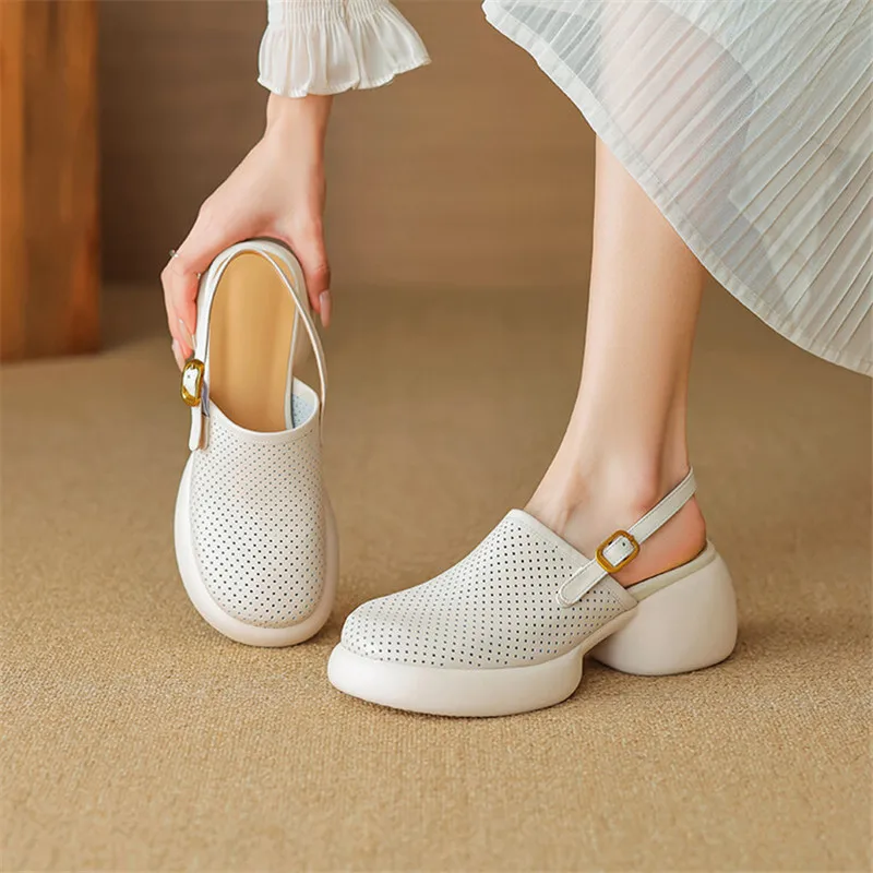 New Summer Sandals Round Toe Hollow Out High Heels Sandals for Women Handmade Platform Sandals Zapatos Mujer Chunky Heel Shoes