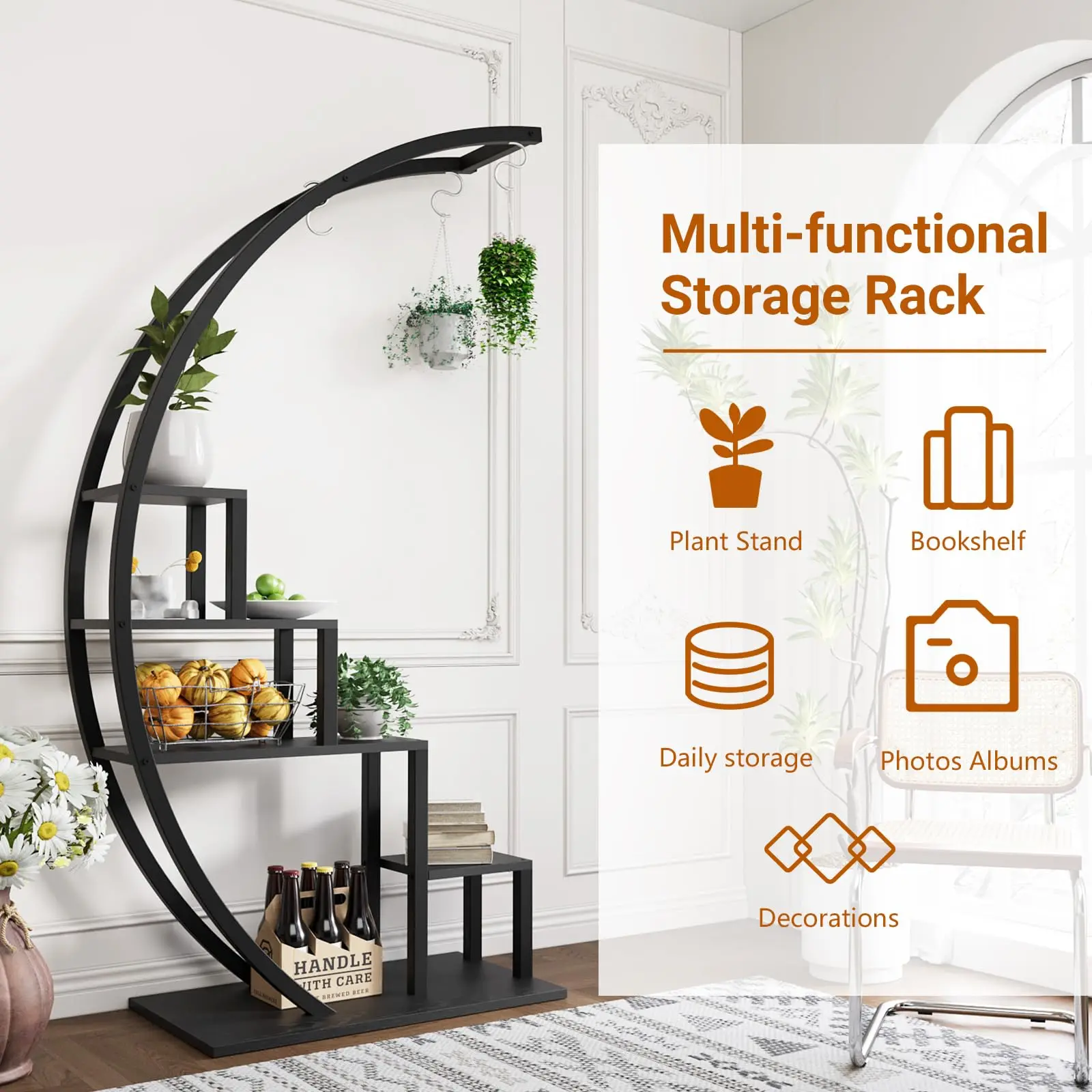Heavy Duty 5-Tier Half Moon Metal Plant Stand With Hanging Hooks Rustproof Tall Plant Rack For Multiple Plants Space-Saving Corner Flower Pot Shelf Display Stand For Indoor Outdoor Living Room Patio G image 3
