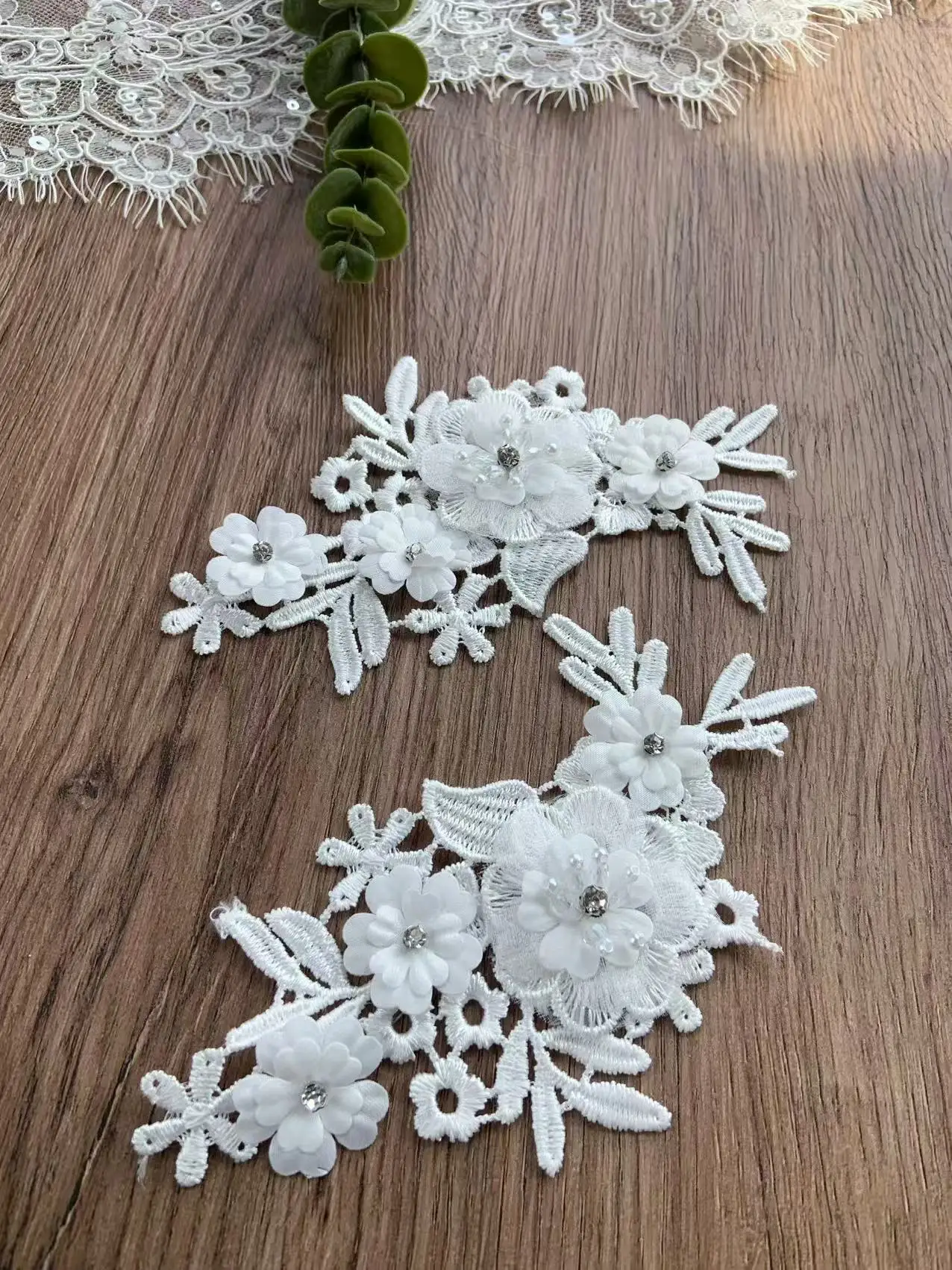 2 Pieces Off White Embroidered Flower Lace Patch Applique for Bridal Ball Gown Decor,Couture Dress Sew on view 4