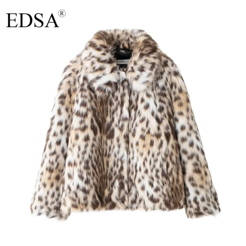 EDSA Women Leopard Faux Fur Jacket Female Winter Long Sleeves Front Pockets Artificial Fur Effect Long Sleeve Coat Outerweaar