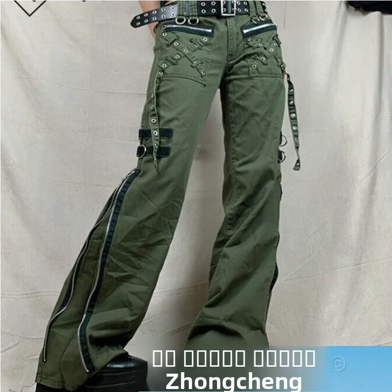 Cintura baixa zíper split punk sle bell bot calças de trabalho para mulheres calças casuais fiel e não conformista