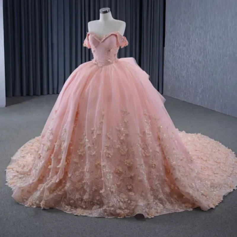 

Pink 2025 Women's Custom Dress With Off Shoulder Floral Sequins Decoration Large Skirt Back Strap Design Romantic And Gorgeous