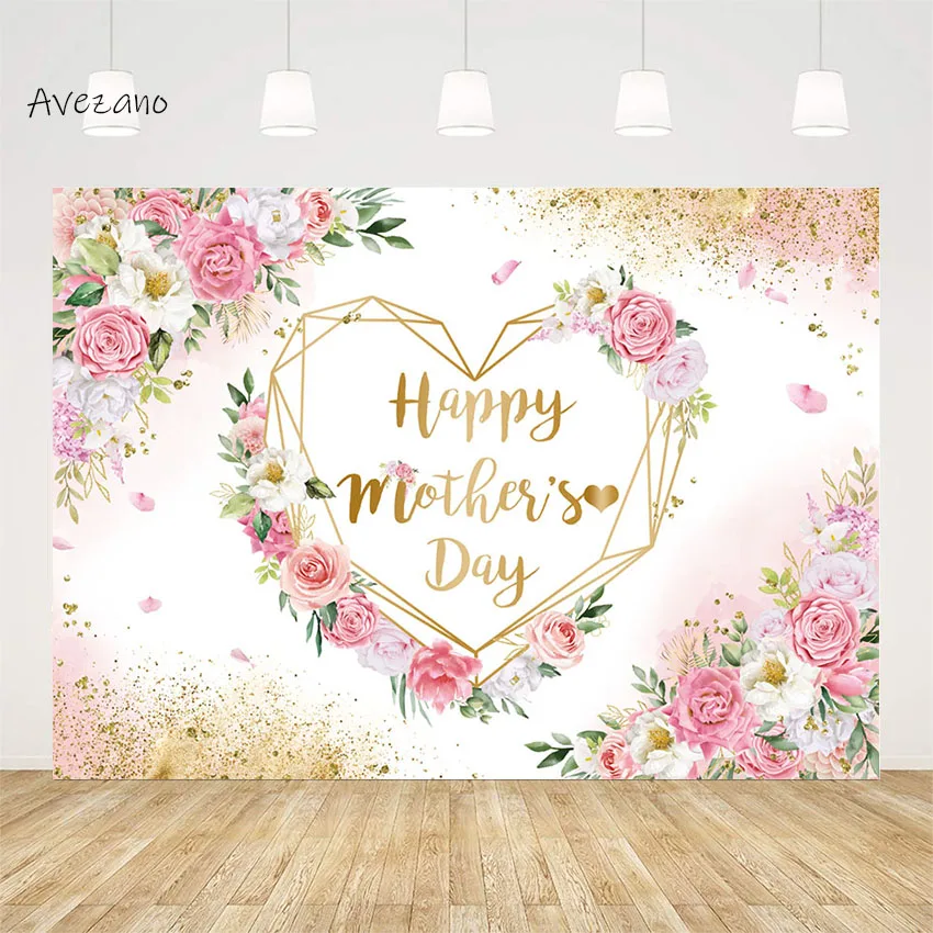 Avezano Backdrop Photography Happy Mother's Day Pink Flowers Floral Golden Best Mom Love You Background Photo Studio Decor