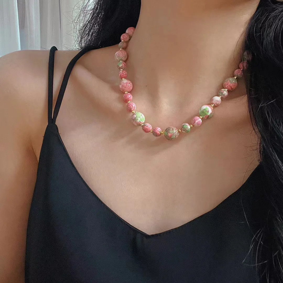 New retro national style ceramic ultra-high quality peach blossom stone necklace atmosphere clavicle chain