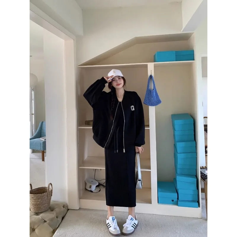 Casual Plus Size Women Baseball Jacket Set Loose High Waist Split Straight Midi Skirt Two Piece Outfit Spring Autumn Daily Wear view 5