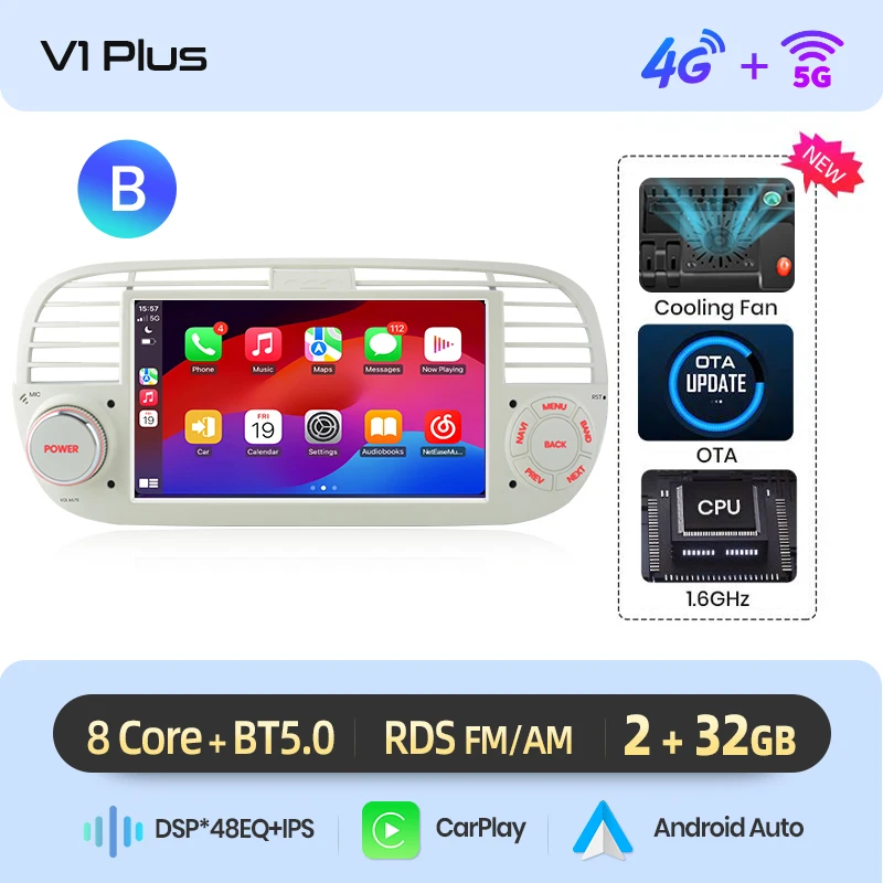 AWESAFE Draadloze CarPlay Autoradio voor FIAT 500 500C Abarth 2007-2015 met Android Auto GPS Navigatie Smart Systeem RDS DSP FM