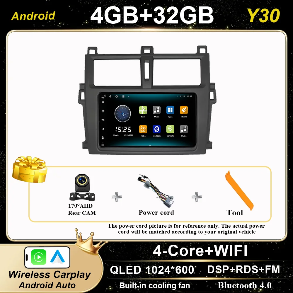 Android 15 2-DIN 9 Inch Autoradio Voor Toyota Verso-S / Ractis & Subaru Trezia – Met Draadloze CarPlay, Android Auto, GPS, Bluetooth, SWC, FM, WIFI & AHD Achteruitrijcamera