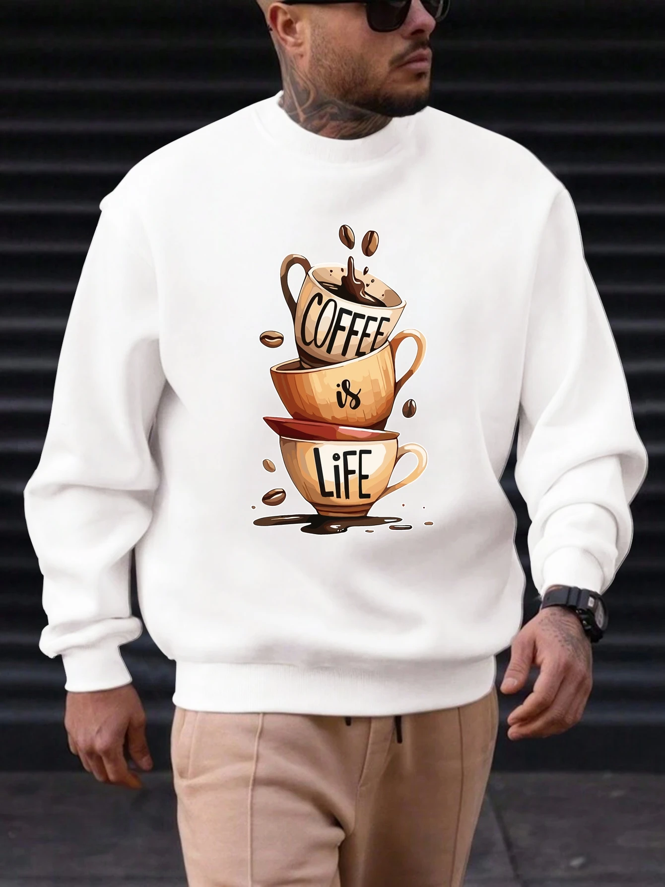 

2025 New Men's Cotton Sweatshirt Coffee Cup Pattern Printing Round Neck Fashion Casual High Quality Daily Top Clothing
